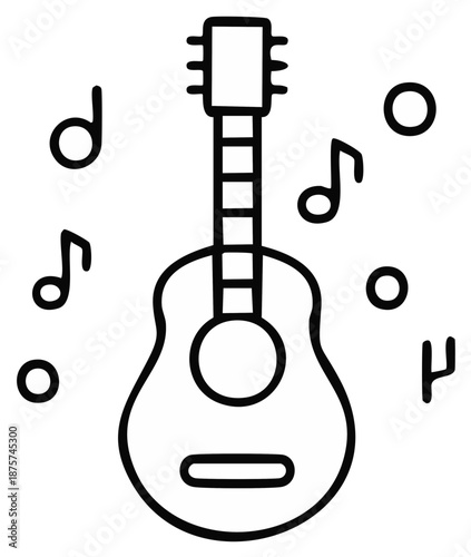 Acoustic guitar line art illustration accompanied by surrounding musical notes, creating a musical themed design.