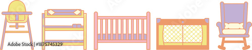 Set of 5 baby furniture items flat design high chair changing table crib playpen and rocking chair