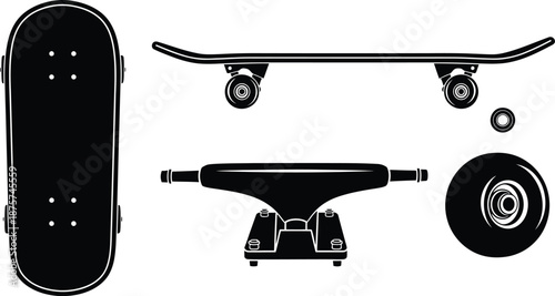 Silhouette vector set of 4 skateboard parts skateboard deck truck wheel and ball bearing side view