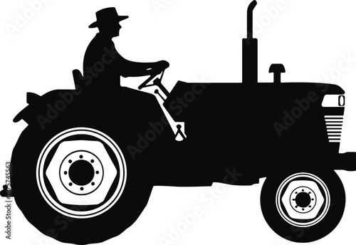 Black silhouette of a farmer driving a large agricultural tractor, farm machinery icon isolated on white background, rural industry, agriculture,