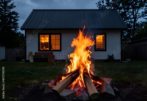 A warm orange blaze of burning firewood flickers with hot red flames and yellow light inside a fireplace during a dark night