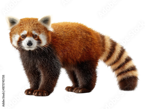 Red panda standing with fluffy fur and a ringed striped tail, alert ears and detailed facial markings with realistic coat texture, isolated on transparent background.
