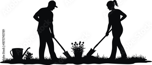 Black silhouette of a man and woman gardening together, planting flowers with shovels in a yard, outdoor hobby, spring landscaping,
