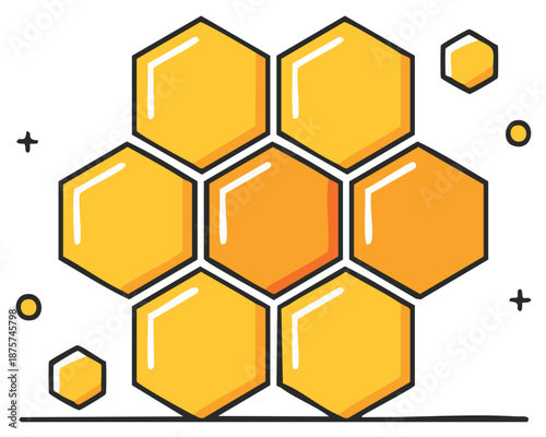 Honeycomb natural geometric pattern hand drawn doodle illustration with yellow and orange hexagons