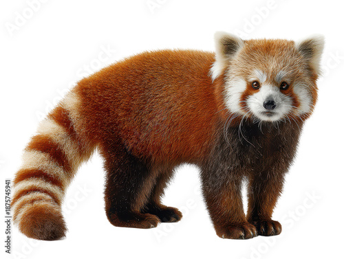 Red panda standing with fluffy fur and a ringed striped tail, alert ears and detailed facial markings with realistic coat texture, isolated on transparent background.
