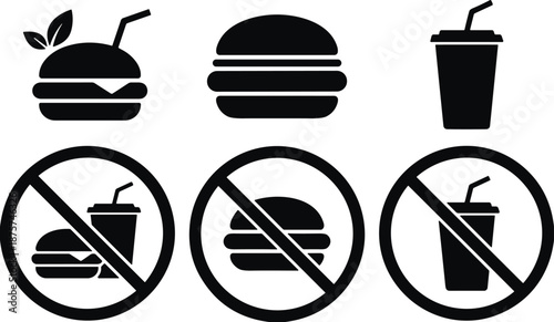 Black icons of burgers and soda drinks with matching prohibited signs, no eating and drinking symbols for public areas, vector