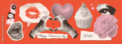 Valentines Day retro halftone collage stickers set. Trendy mixed media art torn paper cutout - hands , heart, cupcake, flower, mouth. Holiday 80s 90s pop style elements. Vector