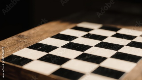 Close-up shot of a checkerboard with a wooden surface under direct sunlight