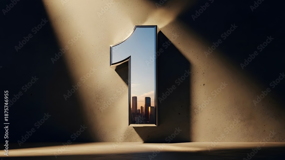 Obraz premium A large number 1 cutout revealing a city skyline