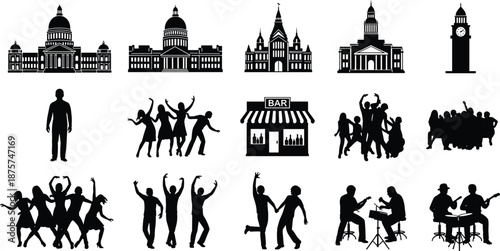 City nightlife silhouette icon set with landmarks, dancing people, bar, musicians, and crowd scenes, black vector illustrations for urban entertainment and event design