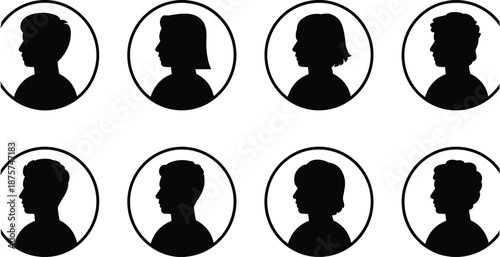 silhouette profile icons in circular frames, ideal for identification, avatar design, and artistic vector illustrations.