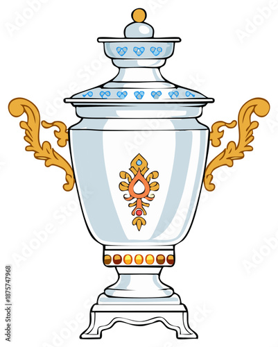 Cartoon Style Samovar Illustration with Ornate Details and Unique Design Elements for Kitchen and Cultural Themes