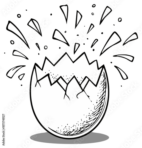 Black and white line art illustration of a hatching egg breaking open with an explosion of shell pieces