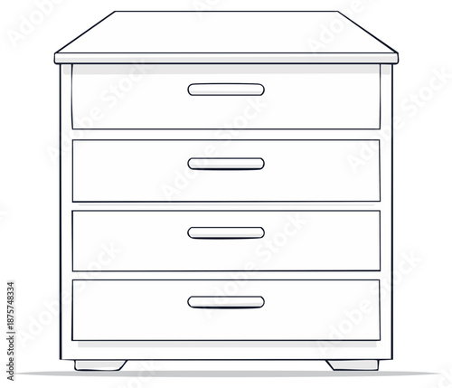 White chest of drawers with four drawers, front view, furniture for bedroom or living room