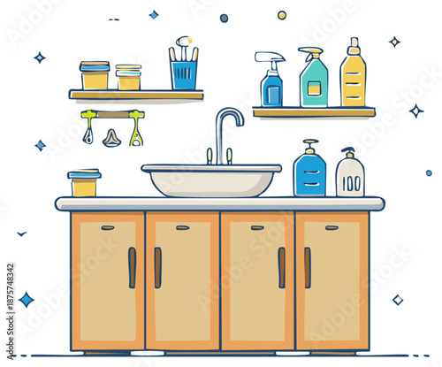 Bathroom interior design illustration with sink, cabinet, and toiletries