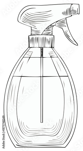 Detailed pen and ink illustration of a spray bottle for cleaning or disinfection purposes.