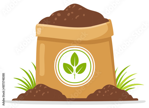 Open sack of rich potting soil or fertilizer for planting cartoon illustration