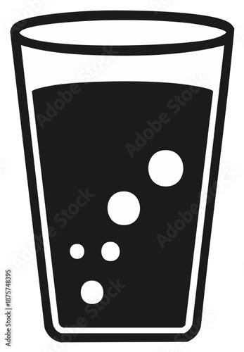 A black and white glass of fizzy drink with bubbles icon vector illustration