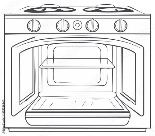 Black and white outline drawing of an electric stove with an open oven