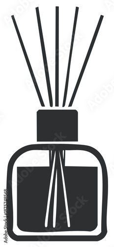 Minimalist black icon of a glass reed diffuser with multiple sticks releasing fragrance