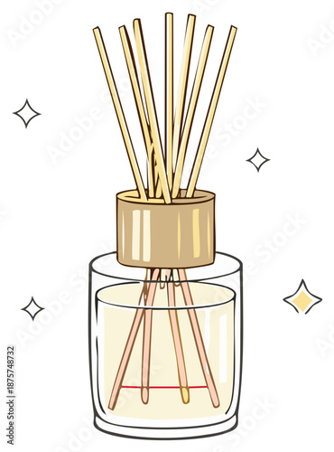 Reed diffuser illustration with wooden sticks in a glass bottle, vector drawing