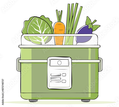 Green Electric Steamer with Fresh Vegetables for Healthy Meal Preparation Cartoon Illustration