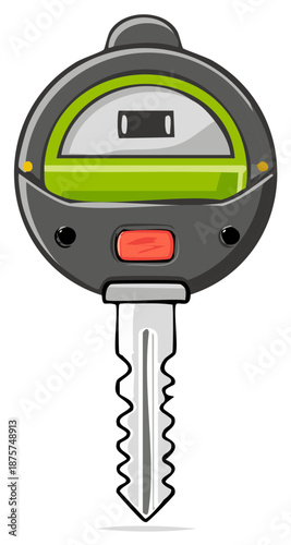 Cartoon illustration of a car key with a round key fob and a red button for security.