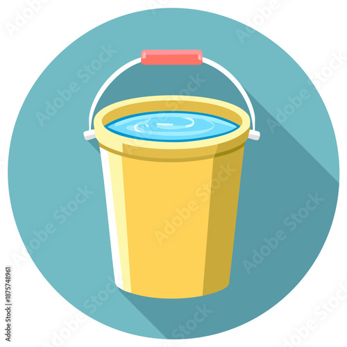 A bright yellow bucket filled with blue water presented as a flat design vector icon with a long shadow