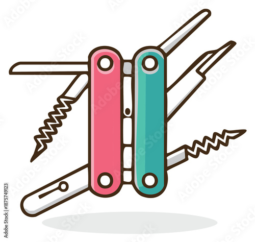 Line Art Multi Tool Illustration with Pink and Teal Handles and Extended Utility Blades