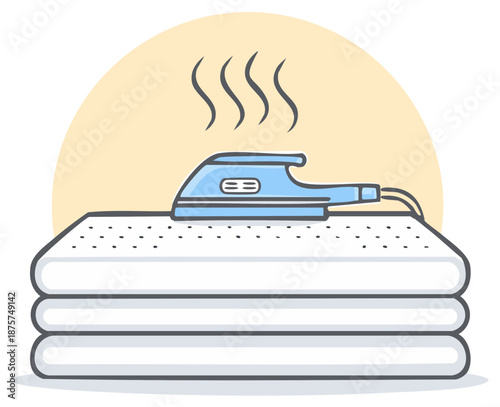 Illustration of a Smoothing Iron with Steam on Stacked Towels for Household Chores