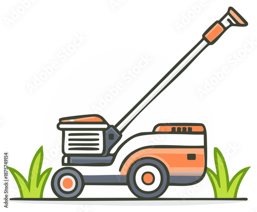 Illustration of a lawn mower in orange with green grass, concept of gardening and lawn care.