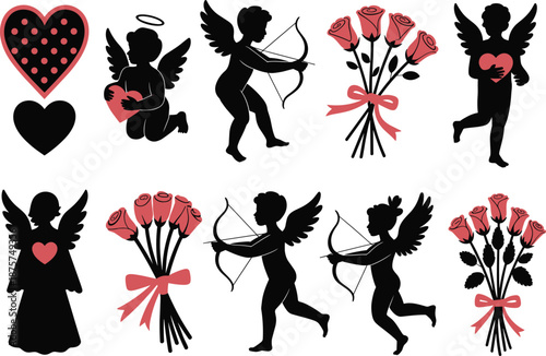 Valentine cupid silhouettes, angel with heart, bouquet of roses, love arrows, romantic artwork, passion illustration, affectionate design, celebration theme