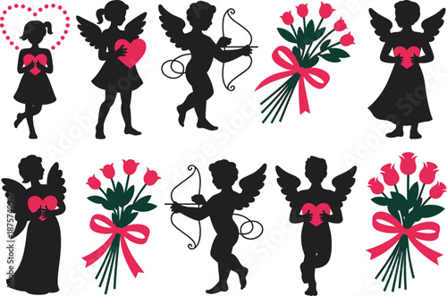 Valentine cherub silhouettes, romantic arrows, bouquet of roses, love hearts, pink ribbons, romance artwork, passion illustration, affectionate design, celebration theme