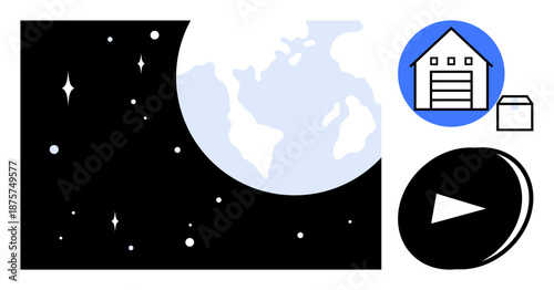 Space exploration, logistics, delivery services, technology, multimedia, planetary science. Simplistic Earth view, garage icon and play button. Space exploration and logistics concept