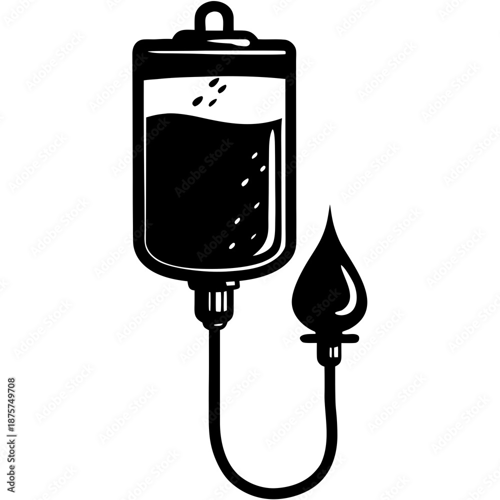 Fototapeta premium IV Drip with Blood Drop – Medical Infusion Line Art Illustration