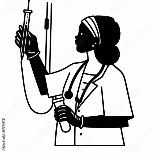 Nurse Preparing IV Drip – Medical Line Art Healthcare Illustration