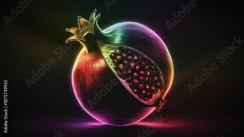 Fantasy-style fruit rendering with semi-open form, glowing seeds, and space-themed lighting.