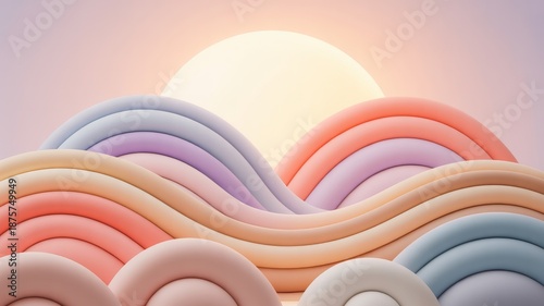Minimalist nature rendering with warm sunlight and flowing pastel terrain, blending abstract geometry with soft color transitions in a peaceful composition.