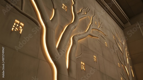 Decorative tree relief with layered curves and hanging snowflake-style discs, bathed in warm light to emphasize organic flow and geometric harmony.