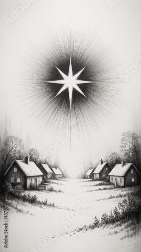 Peaceful winter town illustration with rows of snowy houses and a large glowing star in the sky, surrounded by circular dot pattern and serene atmosphere.