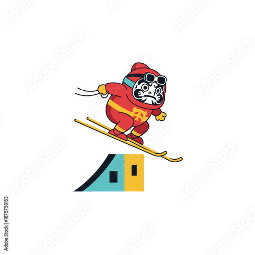 Daruma Doll Skier Jumps Ramp - Japanese Winter Sport Cartoon