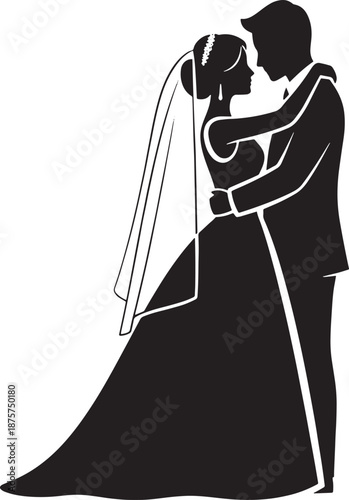 Black and white silhouette of a bride and groom dancing together in a wedding dress and suit