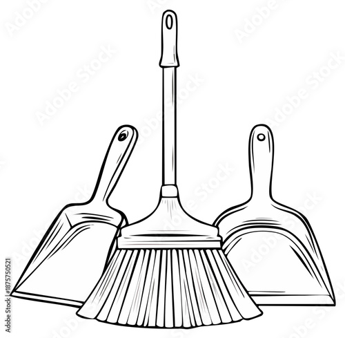 Illustration of Broom and Dustpans for Cleaning, Tidying, or Sanitation
