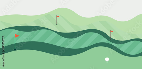 Golf course illustration with golf ball, red flag and fairway in flat style, summer landscape scenery for sport recreation background design