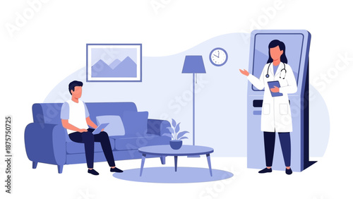 Doctor and patient in modern living room with telemedicine technology