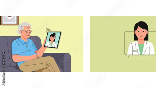 Elderly man consulting doctor online through video call on tablet