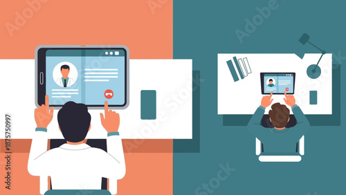 Remote workers engaged in virtual meeting on digital devices in modern office