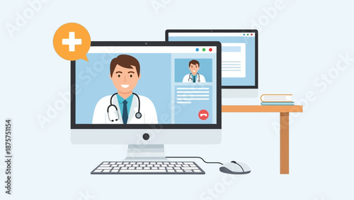 Doctor consulting patient remotely on computer screen with video call