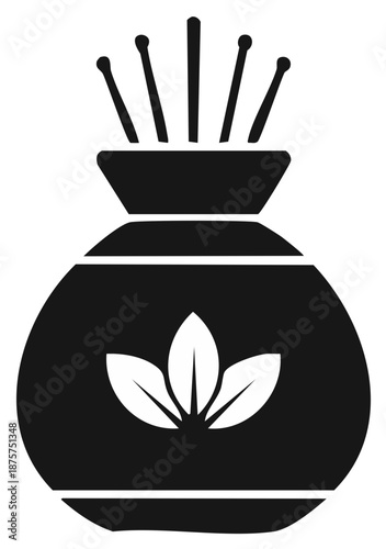 Stylized Incense Holder with Burning Sticks and Leaf Emblem