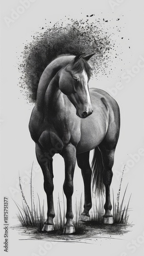 Realistic graphite horse with expressive shading and anatomical depth, surrounded by abstract ink explosion on a dark field, blending nature and visual drama.